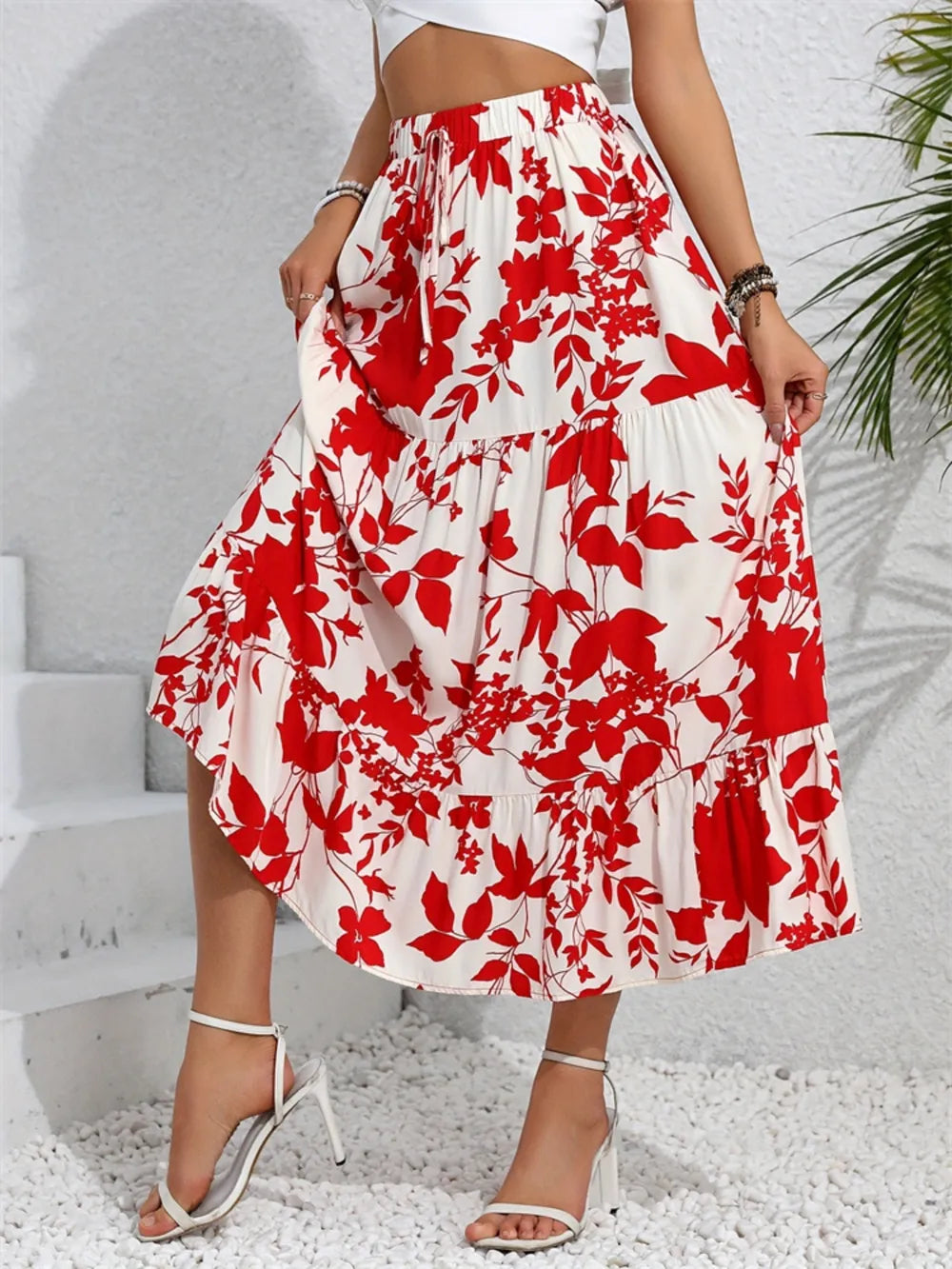 Falda Midi Estampada con Volantes