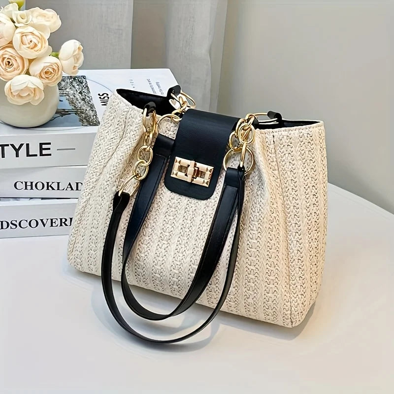 Bolso de Paja Trenzada con Detalles en Cuero