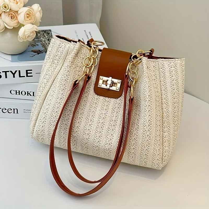 Bolso de Paja Trenzada con Detalles en Cuero