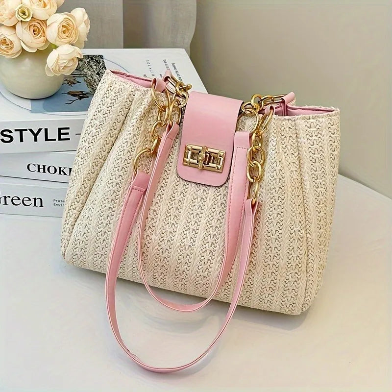 Bolso de Paja Trenzada con Detalles en Cuero