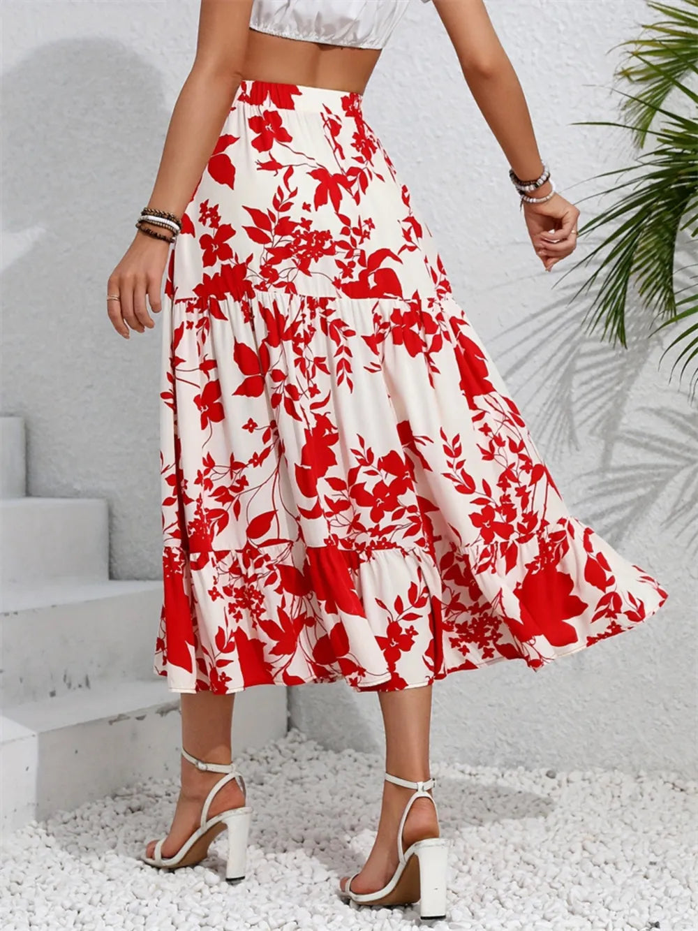 Falda Midi Estampada con Volantes