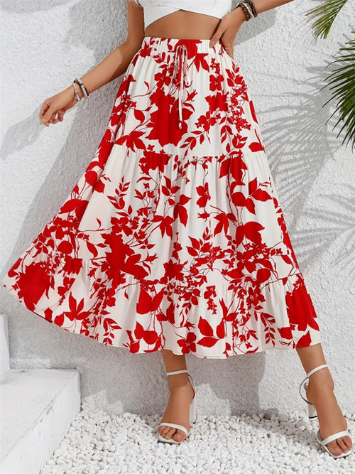 Falda Midi Estampada con Volantes
